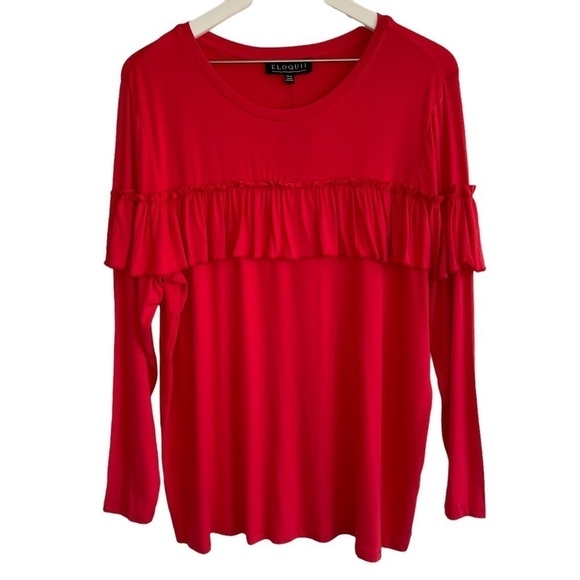 NWT Eloquii Red Ruffled Yoke Long Sleeve Tee, Size 14/16 - Picture 3 of 8